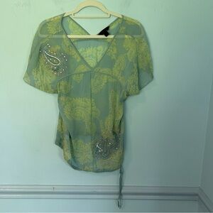 Express 100% Silk Green & Blue Jeweled Sheer Short Sleeve Blouse Size Small